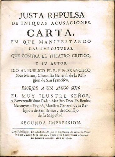 Portada del libro de JUSTA REPULSA DE INIQUAS ACUSACIONES. CARTA, EN QUE MANIFESTANDO LAS IMPOSTURAS, QUE CONTRA EL THEATRO...