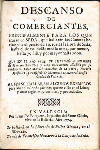 Portada del libro de DESCANSO DE COMERCIANTES, principalmente para los que tratan en seda, que hallaràn las Cuentas hechas...