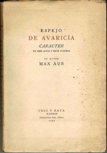 Portada del libro de ESPEJO DE AVARÍCIA. Carácter en tres actos y siete cuadros.