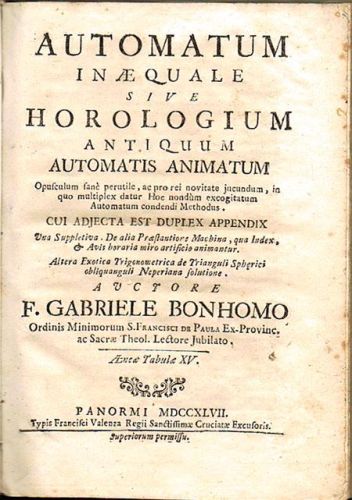 Portada del libro de AUTOMATUM INAEQUALE SIVE HOROLOGIUM ANTIQUUM AUTOMATIS ANIMATUM. Opusculum sanè perutile, ac pro rei...
