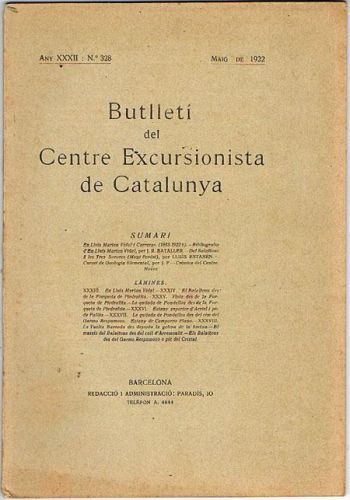 Portada del libro de BUTLLETÍ DEL CENTRE EXCURSIONISTA DE CATALUNYA. Maig de 1922. Nº 328.