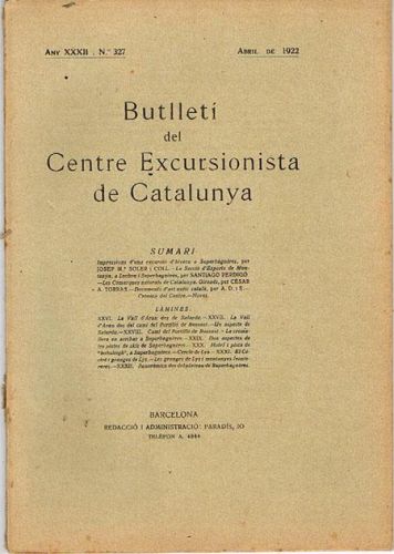 Portada del libro de BUTLLETÍ DEL CENTRE EXCURSIONISTA DE CATALUNYA. Abril de 1922. Nº 327.