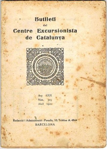 Portada del libro de BUTLLETÍ DEL CENTRE EXCURSIONISTA DE CATALUNYA. Abril de 1920. Nº 303.