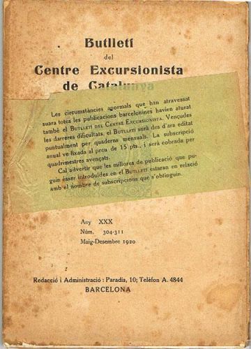 Portada del libro de BUTLLETÍ DEL CENTRE EXCURSIONISTA DE CATALUNYA. Maig-Desembre de 1920. Nº 304-311.