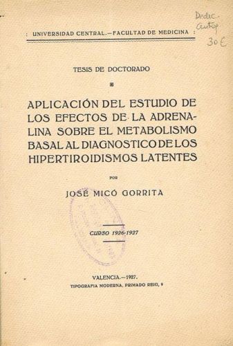 Portada del libro de APLICACIÓN DEL ESTUDIO DE LOS EFECTOS DE LA ADRENALINA SOBRE EL METABOLISMO BASAL AL DIAGNOSTICO DE...