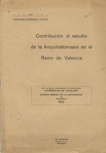 Portada del libro de CONTRIBUCIÓN AL ESTUDIO DE LA ANQUILOSTOMIASIS EN EL REINO DE VALENCIA.