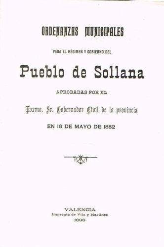 Book cover from ORDENANZAS MUNICIPALES PARA EL RÉGIMEN Y GOBIERNO DEL PUEBLO DE SOLLANA. 16 de Mayo de 1882.