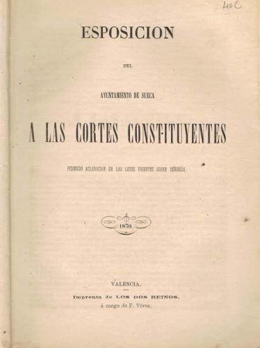 Portada del libro de EXPOSICION DEL AYUNTAMIENTO DE SUECA A LAS CORTES CONSTITUYENTES