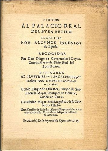 Portada del libro de ELOGIOS AL PALACIO REAL DEL BUEN RETIRO escritos por algunos ingenios de España.